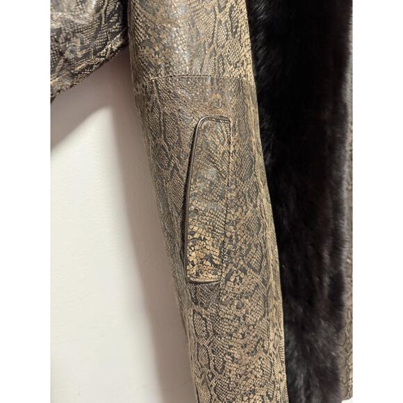 Snake Print Coat Womens Medium Brown Fox Fur Trim Longline Oversized Python - Picture 4 of 16